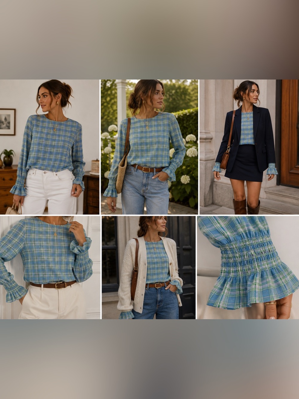 Mango Blue Green Plaid Sheer Cotton Bell Sleeve Blouse Top XS NWT